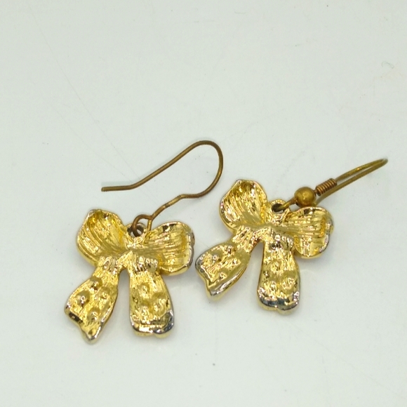 Gold Tone Bow Dangle Earrings with Red, Blue, and Lavender Rhinestones Vintage - Picture 4 of 5